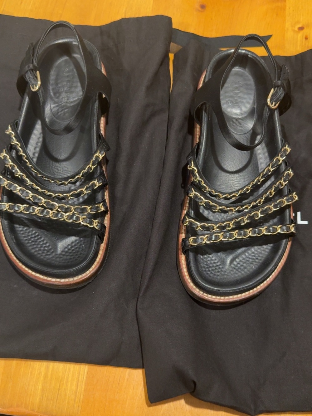 CHANEL Black Sandals with Gold Chain Straps